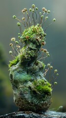 Wall Mural - moss covered stone with delicate green buds - nature photography