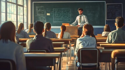 Classroom Full of Students: A vibrant classroom with students seated at their desks, listening attentively to the teacher at the front, with a blackboard filled with notes.