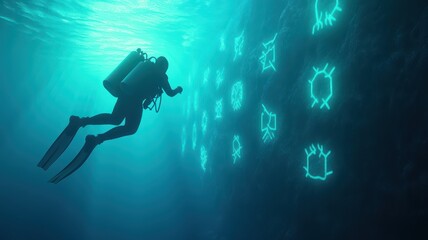 A diver exploring an underwater world filled with glowing markings on the ocean floor, showcasing marine adventure and discovery.