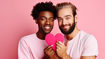 Wall Mural - Two men making a heart shape with their hands over pink background