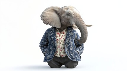 An elephant in a jacket isolated stock photo on white. Animal isolated on clear gray background photo 