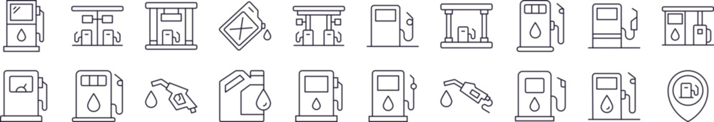 Wall Mural - Gas Station Outline Web Line Icons Collection. Editable Stroke. Minimalistic Linear Pictogram for Design of Cards, Apps, Banners, Posts