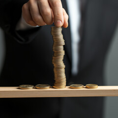 Businessperson Balancing Coins on Seesaw Symbolizing Financial Balance