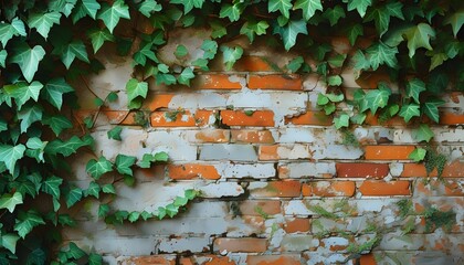 Wall Mural - Rustic charm of ivy climbing aged brick wall with vibrant green leaves, merging botanical beauty with vintage architectural elegance.