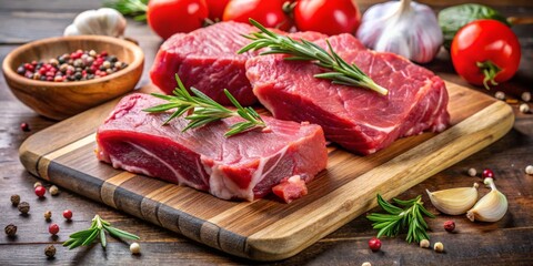 Raw Beef Steak with Rosemary and Garlic, Wood Board, Rustic Setting, steak, food, recipe