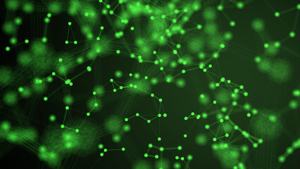 Poster - Abstract plexus technology background with glowing green connecting lines and dots or nodes on white background. Digital data network connectivity concept.