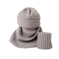 Gray Knit Winter Set Including Hat, Scarf, And Cuff With Textured Patterns