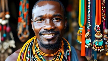 Smiling African artisan showcasing an impressive collection of handmade ethnic jewelry with vibrant necklaces