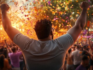 Joyful Crowd Dancing and Cheering at a Vibrant Carnival with Confetti Flying Through the Air, A Celebration of Music, Energy, and Community Spirit