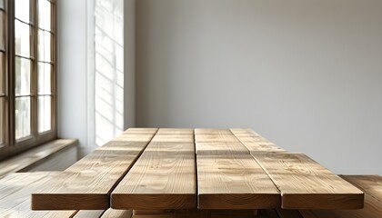 Versatile empty wooden table illuminated by natural light, set against a neutral color palette and white walls, creating a serene and functional space for multiple purposes