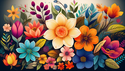 Wall Mural -  Big set of colorful flowers, illustrated in vector form, adding a vibrant touch to designs._1(204)