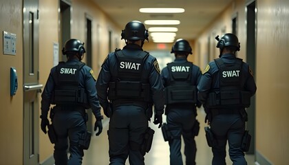 Swat team officers inside a school