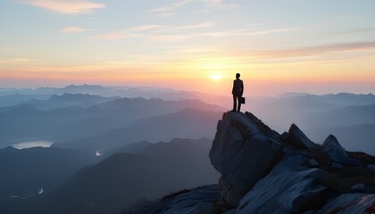 Triumphant businessman silhouette at sunrise atop a mountain, embodying the essence of success and adventure in the journey of achievement