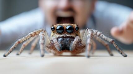 Poster - A man with a big grin on his face next to an enormous spider, AI