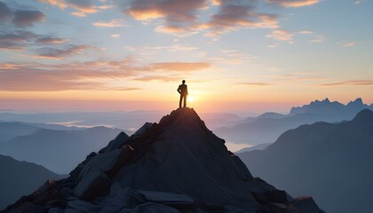 Triumphant businessman silhouette at sunrise atop a mountain, embodying the essence of success and adventure in the journey of achievement