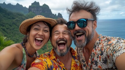 Poster - Three people taking a selfie with their camera phone, AI