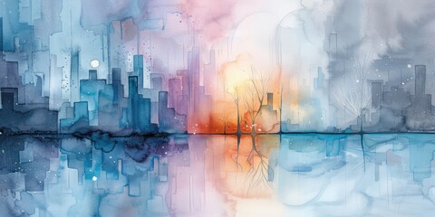 Urban cityscape captured in watercolor, featuring bright, electric colors and chaotic textures that illustrate the lively energy and complexity of the city's architecture and roads.