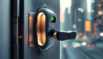 Unlocking Biometric Security Gate with Clearance Notification in Futuristic Urban Setting