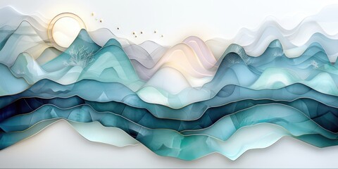 Wall Mural - Ethereal dreamscape formed by the blend of soft blues and purples, accented by sharp gold lines for a striking contrast.