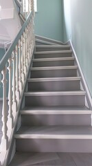 Light gray Scandinavian-style stairs with white railings and pale blue walls, creating a serene, airy feel