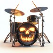 © Samaphon - A skull-shaped drum set, Halloween theme, with glowing drumsticks, dark and spooky, isolated on white background