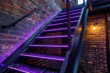 Industrial-style staircase with dark metal steps and purple neon lights, against a brick wall for an urban aesthetic.