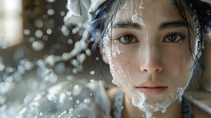 Canvas Print - Woman's Face Covered in Water and Foam