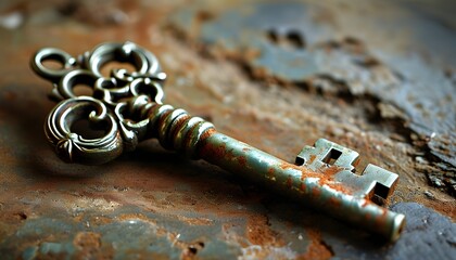 Vintage ornate antique key with a weathered, rusty patina