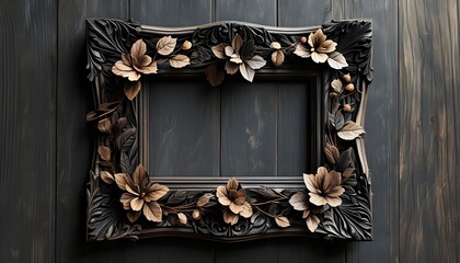 Wall Mural - exquisite dark wooden picture frame adorned with intricate carvings of leaves and flowers