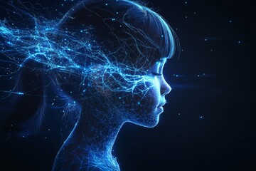 Canvas Print - Digital abstract silhouette of a person with blue glowing neural connections symbolizing the power of thought intelligence and futuristic mental advancements in the digital world