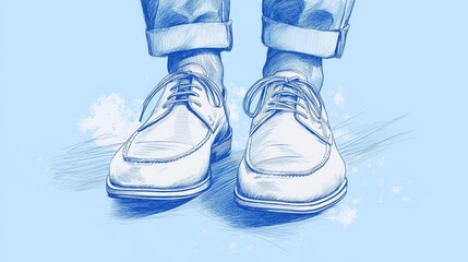 Wall Mural - A pair of white leather shoes with laces, drawn in a sketch style on a blue background.