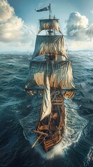 Poster - Sailing Through the Waves: A Vintage Ship at Sea