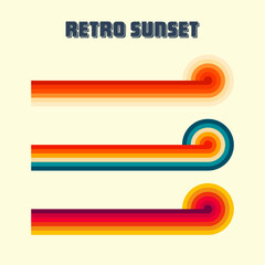 Horizontal vintage sunsets. Various colorful striped sunrise badges in 80s and 90s style. Sun and ocean view, summer vibes, surfing. Design element, print, logo or t-shirt. Vector illustration