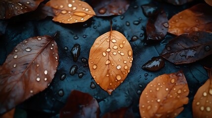 Wall Mural - Leaves with water droplets, in dark brown and black colors, make a suitable phone wallpaper