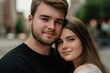 © Mark G - A close-up portrait of a young white couple wearing casual t-shirts, with a blurred background.
