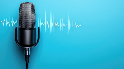 Wall Mural - A black microphone with a silver grille on a blue background with white sound waves.