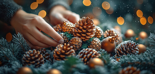 Close-up of hands making natural Christmas decorations. Christmas.