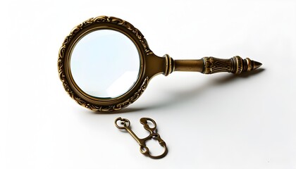 Elegant antique brass magnifying glass featuring intricate handle design, beautifully isolated against a clean white backdrop.