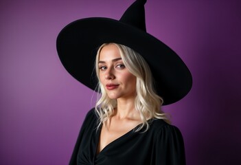 Halloween purple background with white female in witch costume