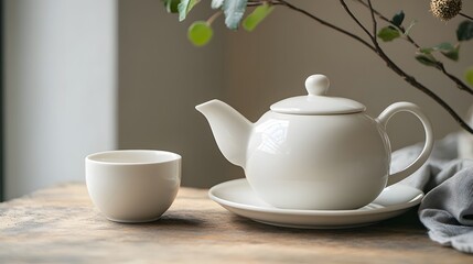 Wall Mural - 2. A classic white porcelain teapot with a matching cup