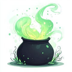 A mystical black cauldron emitting vibrant green magical smoke.