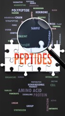 Wall Mural - Peptides under magnifying glass, being researched, studied and examined. Most important subjects and ideas closely related to peptides written around a puzzle.