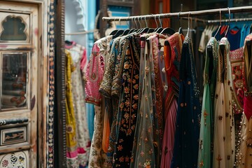 Wall Mural - Clothes on rack in Indian boutique