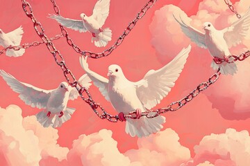 A painting of four white birds with chains around their necks