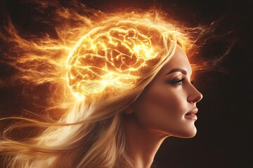 Poster - A side profile of a woman with fiery neural energy illuminating her head symbolizing creativity intelligence and a powerful transformation of thought in a futuristic world