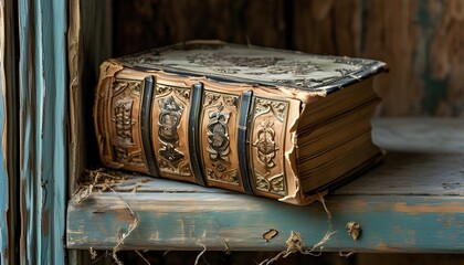 Timeless antique book on a rustic wooden stand, showcasing an ornate cover and yellowed pages that tell stories of the past.