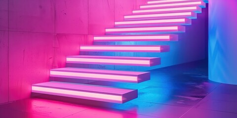 Elegant floating stairs illuminated by bold pink and blue neon lights, offering a sophisticated look.