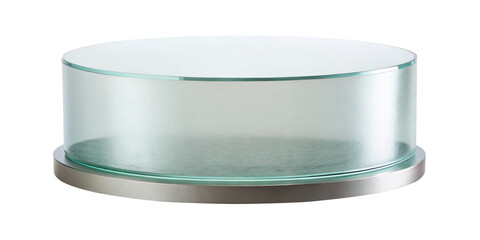 Frosted glass pedestal with a polished metal base, ideal for displaying products or artwork. Smooth cylindrical design enhances contemporary spaces. Isolated on transparent background, png.