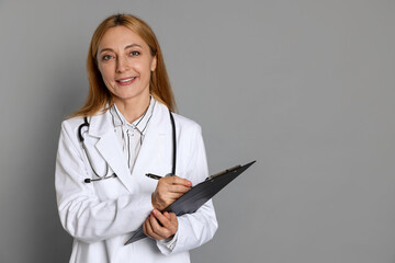 Sticker - Doctor with clipboard writing notes on gray background, space for text