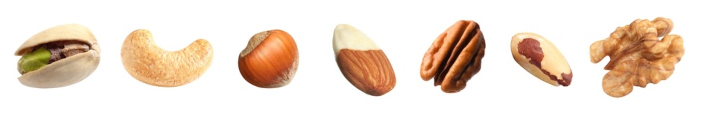 Different nuts on white background, collection. Pecan, walnut, pistachio, brazil nut, hazelnut, almond and cashew